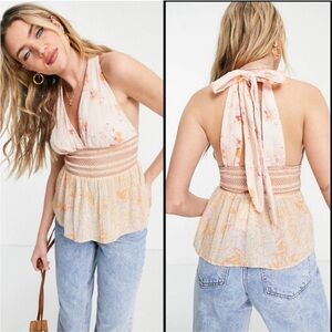 Free People Floral Halter Tank Top - Pink and Orange Brinkley Smocked